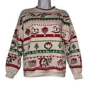 Vintage Christmas Holiday Sweatshirt Womens M Ugly Party Retro Bells Candy Cane